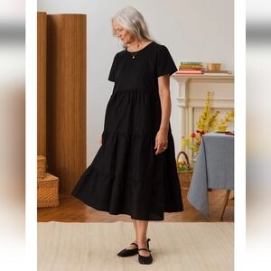 Tradlands Chalet Tiered Linen Dress Black Midi Maxi Short Sleeve